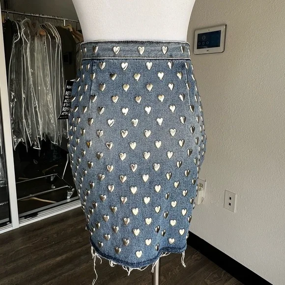 Saint Laurent Denim Mini Skirt with Metal Hearts Size 27